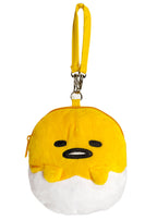 Sanrio Gudetama Die Cut Mini Plush Pouch in yellow white with full-front Gudetama die-cut plush wristlet — front view