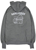 Sanrio Hangyodon Sherpa Zip Up Hoodie in charcoal with Hangyodon embroidery on sherpa-lined zip-up rave festival jacket — back view