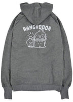 Sanrio Hangyodon Sherpa Zip Up Hoodie in charcoal with Hangyodon embroidery on sherpa-lined zip-up rave festival jacket — back view