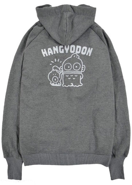 Sanrio Hangyodon Sherpa Zip Up Hoodie in charcoal with Hangyodon embroidery on sherpa-lined zip-up rave festival jacket — back view