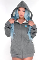 Sanrio Hangyodon Sherpa Zip Up Hoodie in charcoal with Hangyodon embroidery on sherpa-lined zip-up rave festival jacket — model detail view