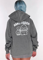 Sanrio Hangyodon Sherpa Zip Up Hoodie in charcoal with Hangyodon embroidery on sherpa-lined zip-up rave festival jacket — model back view