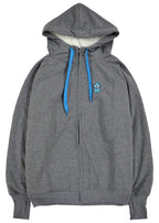 Sanrio Hangyodon Sherpa Zip Up Hoodie in charcoal with Hangyodon embroidery on sherpa-lined zip-up rave festival jacket — front view