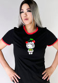 tokidoki x Sanrio Hello Kitty Cherry Kitty Ringer Tee in black red with cherry Hello Kitty graphic and contrast red binding on cotton kawaii rave tee — model front view