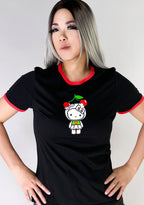 tokidoki x Sanrio Hello Kitty Cherry Kitty Ringer Tee in black red with cherry Hello Kitty graphic and contrast red binding on cotton kawaii rave tee — model front view
