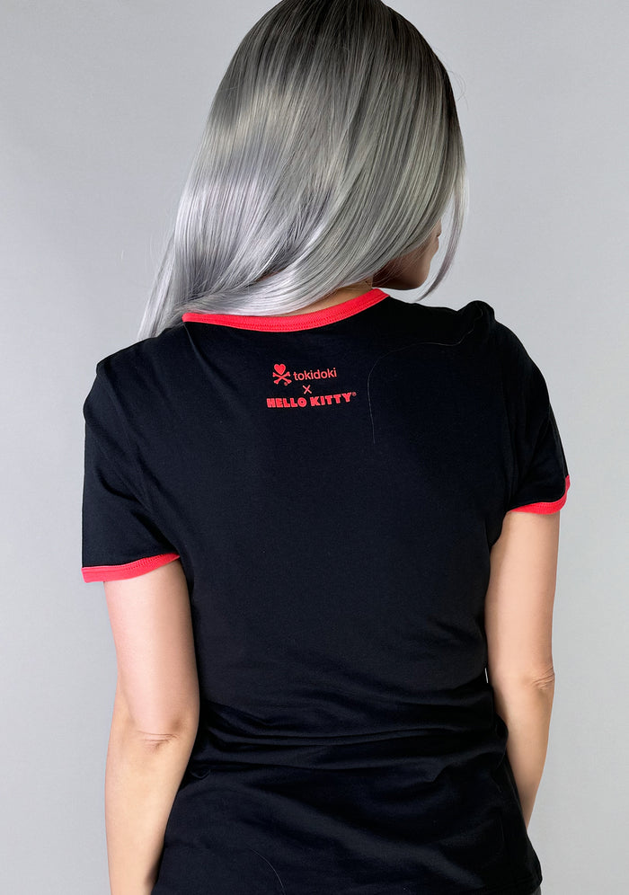 tokidoki x Sanrio Hello Kitty Cherry Kitty Ringer Tee in black red with cherry Hello Kitty graphic and contrast red binding on cotton kawaii rave tee — model back view