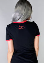 tokidoki x Sanrio Hello Kitty Cherry Kitty Ringer Tee in black red with cherry Hello Kitty graphic and contrast red binding on cotton kawaii rave tee — model back view