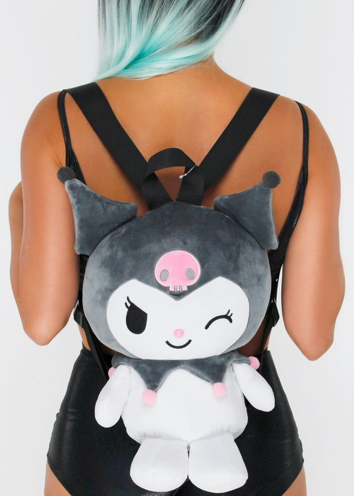 Sanrio Kuromi 3D Plush Backpack in multi with 3D shaped Kuromi plush on kawaii rave festival backpack — model front view