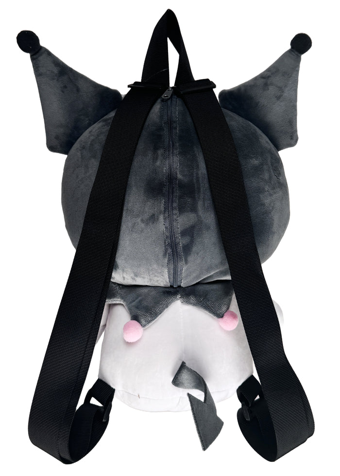 Sanrio Kuromi 3D Plush Backpack in multi with 3D shaped Kuromi plush on kawaii rave festival backpack — back view