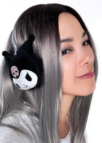 Sanrio Kuromi 3D Plush Earmuff in black with 3D Kuromi plush ear cups on rave festival earmuff accessory — model front view