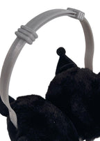 Sanrio Kuromi 3D Plush Earmuff in black with 3D Kuromi plush ear cups on rave festival earmuff accessory — plush detail view
