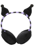 Bioworld Sanrio Kuromi Foldable Cosplay Earmuff in black purple with 3D Kuromi ears and foldable microfleece design on kawaii rave festival hair accessory — flat front view