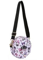 tokidoki x Sanrio Kuromi My Melody Garden Party Round Small Crossbody Bag in purple black with all-over Kuromi and My Melody tea party print on polyester rave crossbody bag — side view