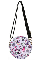 tokidoki x Sanrio Kuromi My Melody Garden Party Round Small Crossbody Bag in purple black with all-over Kuromi and My Melody tea party print on polyester rave crossbody bag — back view