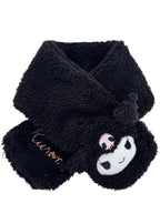 Sanrio Kuromi Plush Muffler Scarf in black with Kuromi plush face on knit muffler rave winter accessory — front view