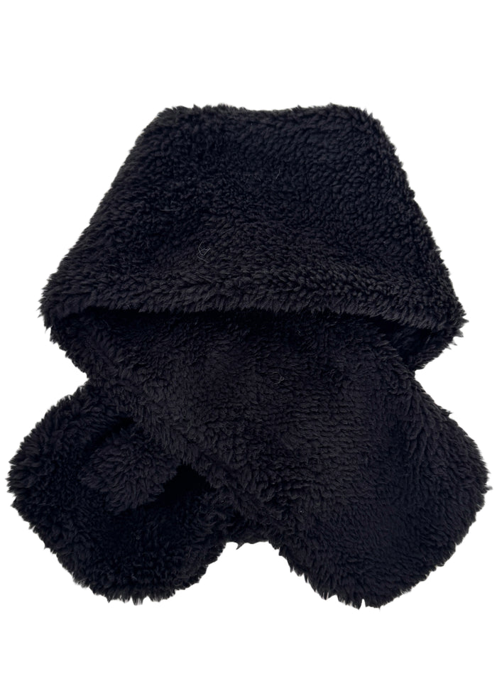 Sanrio Kuromi Plush Muffler Scarf in black with Kuromi plush face on knit muffler rave winter accessory — back view