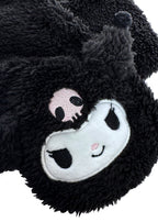 Sanrio Kuromi Plush Muffler Scarf in black with Kuromi plush face on knit muffler rave winter accessory — plush detail view