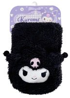 Sanrio Kuromi Plush Muffler Scarf in black with Kuromi plush face on knit muffler rave winter accessory — worn detail view