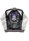 Sanrio Kuromi Rose Tattoo Bomber Jacket in black silver with Kuromi embroidery and rose tattoo design on satin festival jacket — front view