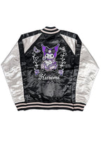 Sanrio Kuromi Rose Tattoo Bomber Jacket in black silver with Kuromi embroidery and rose tattoo design on satin festival jacket — front view