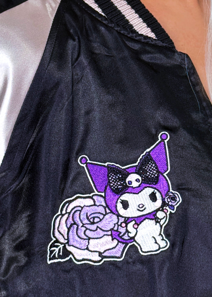 Sanrio Kuromi Rose Tattoo Bomber Jacket in black silver with Kuromi embroidery and rose tattoo design on satin festival jacket — sleeve detail view