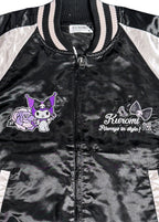 Sanrio Kuromi Rose Tattoo Bomber Jacket in black silver with Kuromi embroidery and rose tattoo design on satin festival jacket — lining detail view