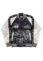 Sanrio Kuromi Rose Tattoo Bomber Jacket in black silver with Kuromi embroidery and rose tattoo design on satin festival jacket — flat lay view