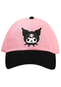 Bioworld Sanrio Kuromi Two Tone Raglan Hat in pink black with embroidered Kuromi crown detail on kawaii fandom rave festival hat — front view