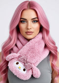 Sanrio My Melody Plush Muffler Scarf in pink with My Melody plush face on knit muffler rave winter accessory — model view