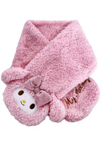 Sanrio My Melody Plush Muffler Scarf in pink with My Melody plush face on knit muffler rave winter accessory — front view