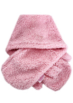 Sanrio My Melody Plush Muffler Scarf in pink with My Melody plush face on knit muffler rave winter accessory — back view