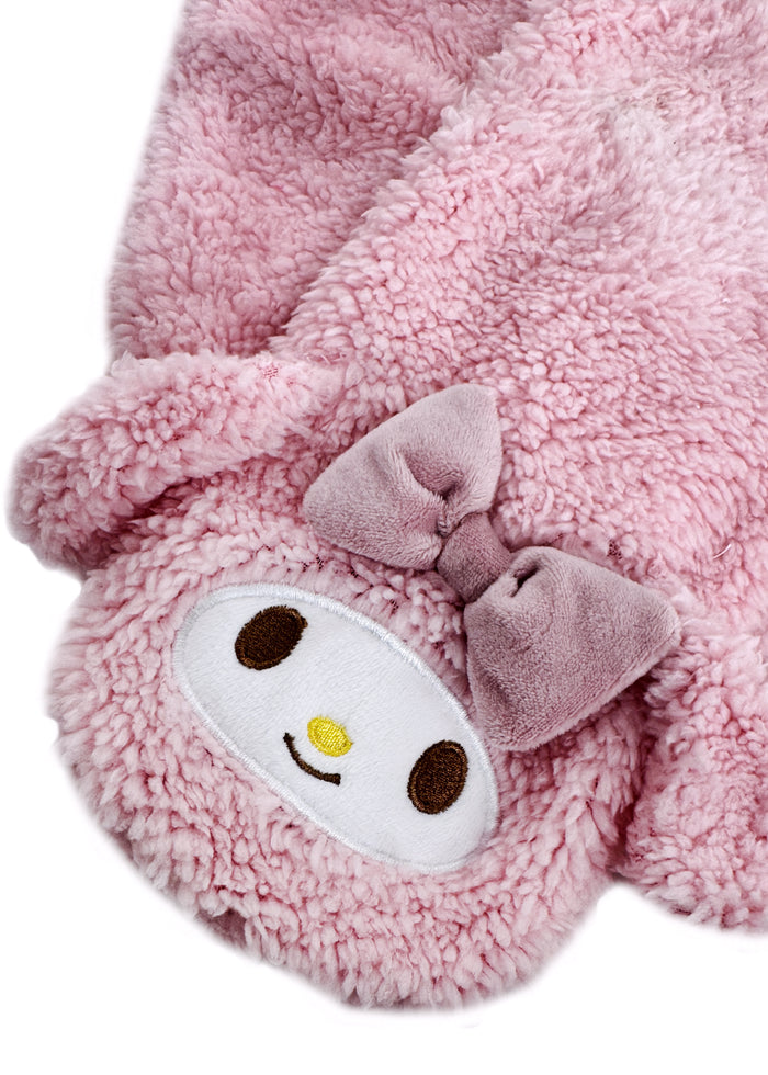 Sanrio My Melody Plush Muffler Scarf in pink with My Melody plush face on knit muffler rave winter accessory — plush detail view