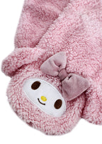 Sanrio My Melody Plush Muffler Scarf in pink with My Melody plush face on knit muffler rave winter accessory — plush detail view