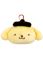 Sanrio Pompompurin Big Face Plush Mascot Carabiner in yellow with soft Pompompurin face plush and functional carabiner clip — front view