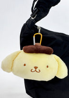 Sanrio Pompompurin Big Face Plush Mascot Carabiner in yellow with soft Pompompurin face plush and functional carabiner clip — detail view