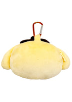 Sanrio Pompompurin Big Face Plush Mascot Carabiner in yellow with soft Pompompurin face plush and functional carabiner clip — side view