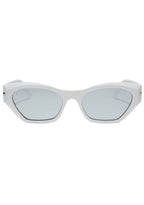 Dime Optics Sawtelle Polarized Sunglasses in glossy white silver mirror with cat-eye acetate frame on rave festival sunglasses — front view