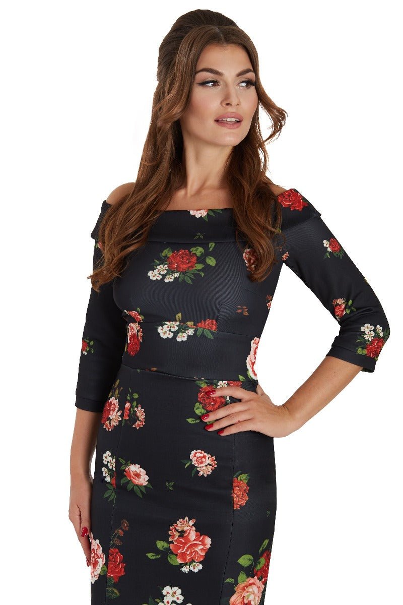 Denise Vintage Inspired Wiggle Dress with Raising Roses in Black