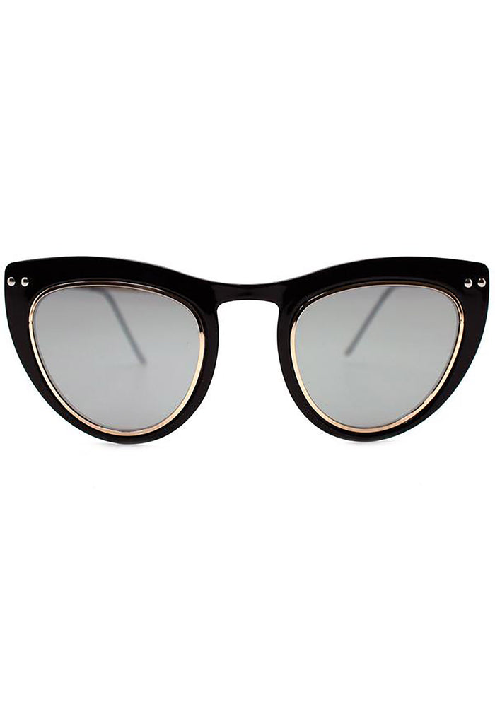 Spitfire Outward Urge Sunglasses in black silver with cat-eye polycarbonate frame and silver mirrored flat lens on festival rave sunglasses — front model view