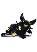 Sleepyville Critters Star Dragon Plush Backpack in black gold with 3D dragon plush and gold star accents on rave festival backpack — front view