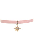 Ettika Stardust Crystal Choker in pink gold with vegan leather strap and rhinestone star centerpiece on rave choker — front view