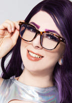 TopFoxx Stella Blue Light Glasses in tortoise shell with timeless frame and anti blue light lenses on rave glasses — model side view