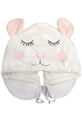 Madden Girl by Steve Madden Cute Mouse Travel Neck Pillow in ivory with attached mouse hood and ears on memory foam microfiber travel accessories pillow — front view