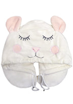 Madden Girl by Steve Madden Cute Mouse Travel Neck Pillow in ivory with attached mouse hood and ears on memory foam microfiber travel accessories pillow — front view
