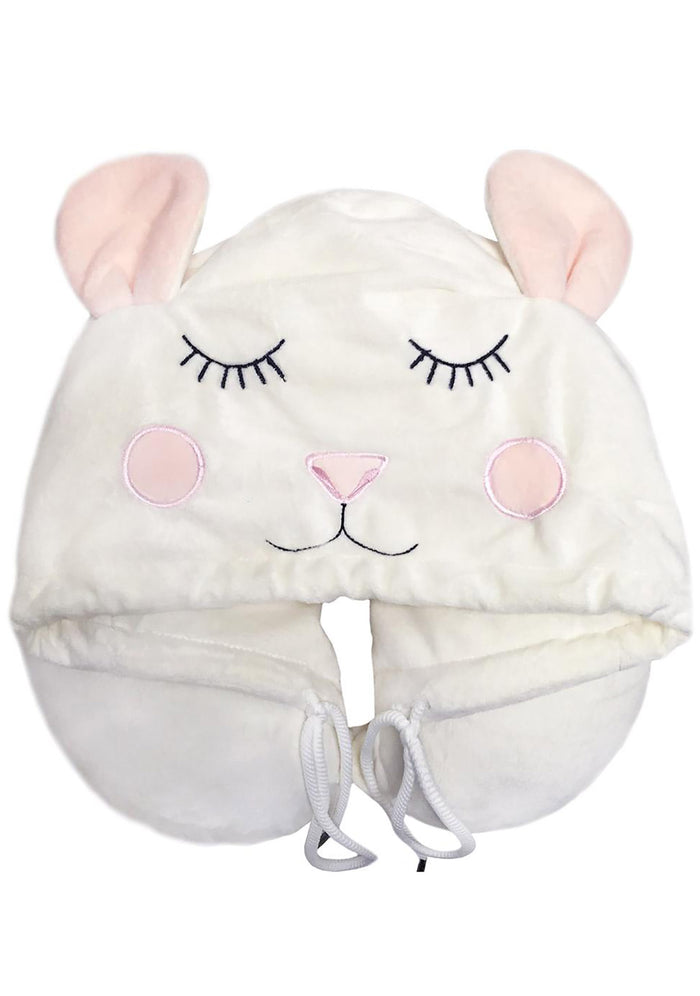 Madden Girl by Steve Madden Cute Mouse Travel Neck Pillow in ivory with attached mouse hood and ears on memory foam microfiber travel accessories pillow — front view
