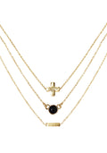 Charged Strength Onyx Delicate Chain Necklace Set in gold with raw black onyx stone on three 18k gold plated chain crystal festival necklace set — front view
