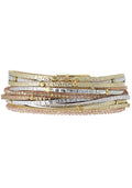 Erimish Sunrise Secrets Multi Strand Bracelet in gold with metallic leather wrap and light pink glass beaded strands on festival bracelet — front view