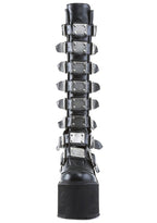 Demonia SWING 815 Beautiful Destruction Black Platform Boots in black vegan PU leather showing goth punk knee-high silhouette and 5.5 inch wedge platform — side view