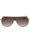 Dime Optics Tarzana Polarized Sunglasses in gold brown with oval shield metal frame and gradient lens on rave festival sunglasses — front view