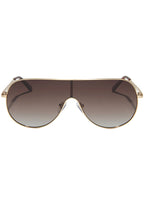 Dime Optics Tarzana Polarized Sunglasses in gold brown with oval shield metal frame and gradient lens on rave festival sunglasses — front view